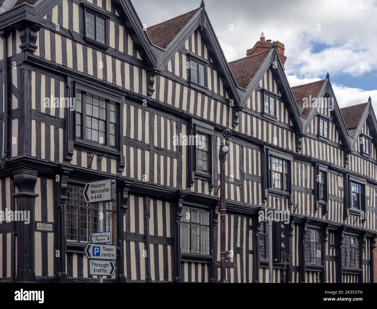Black and white timber framed building, known as Ledbury Park, in the