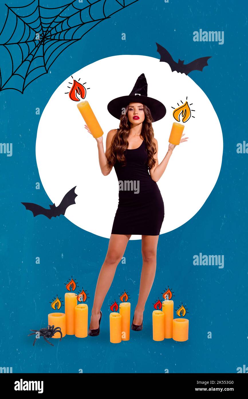 Creative 3d pop collage artwork poster sketch of attractive serious witch hand hold candle halloween party isolated on painting background Stock Photo