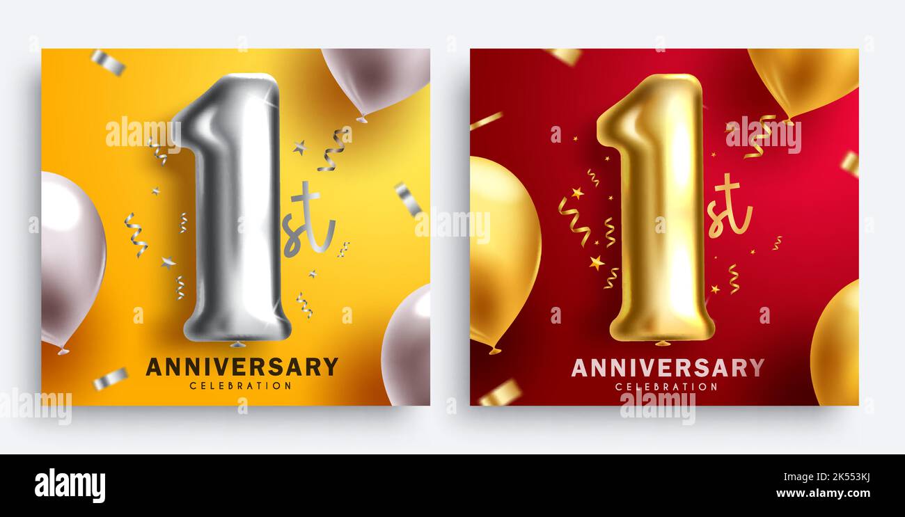Anniversary 1st vector poster set design. Happy first anniversary  greeting card collection with 1 inflatable balloon elements for background Stock Vector