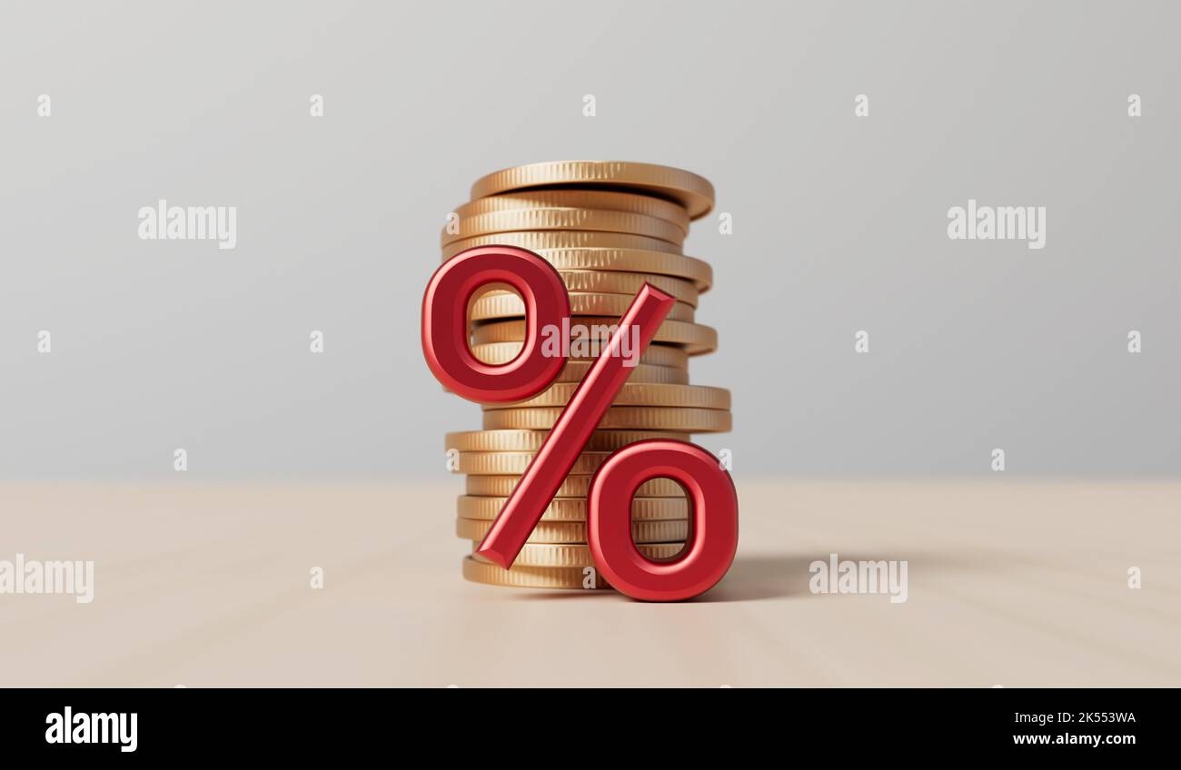 Interest rate and rising inflation concept. Red percentage symbol with