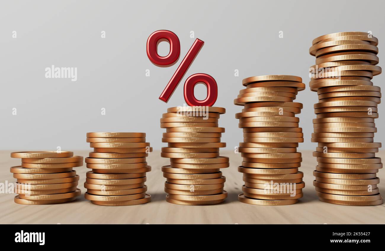 Interest rate and rising inflation concept. Red percentage symbol with