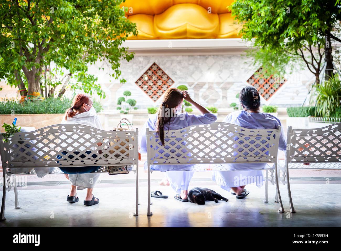 The giant golden Buddha looms large above three Thai ladies sat peacefully at a bench at Wat Paknam. A black cat sleeps at their feet. Stock Photo