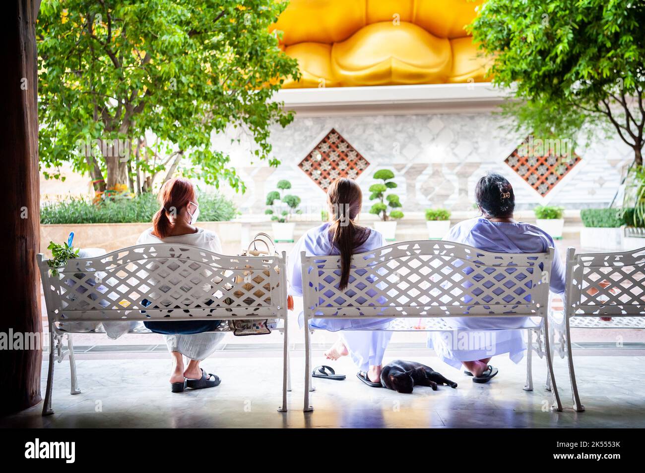 The giant golden Buddha looms large above three Thai ladies sat peacefully at a bench at Wat Paknam. A black cat sleeps at their feet. Stock Photo