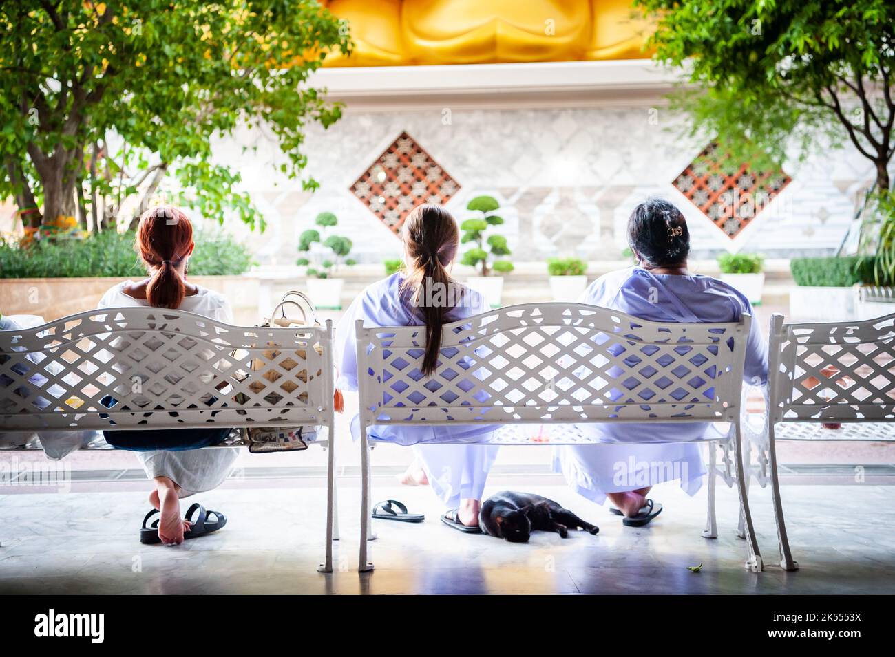 The giant golden Buddha looms large above three Thai ladies sat peacefully at a bench at Wat Paknam. A black cat sleeps at their feet. Stock Photo