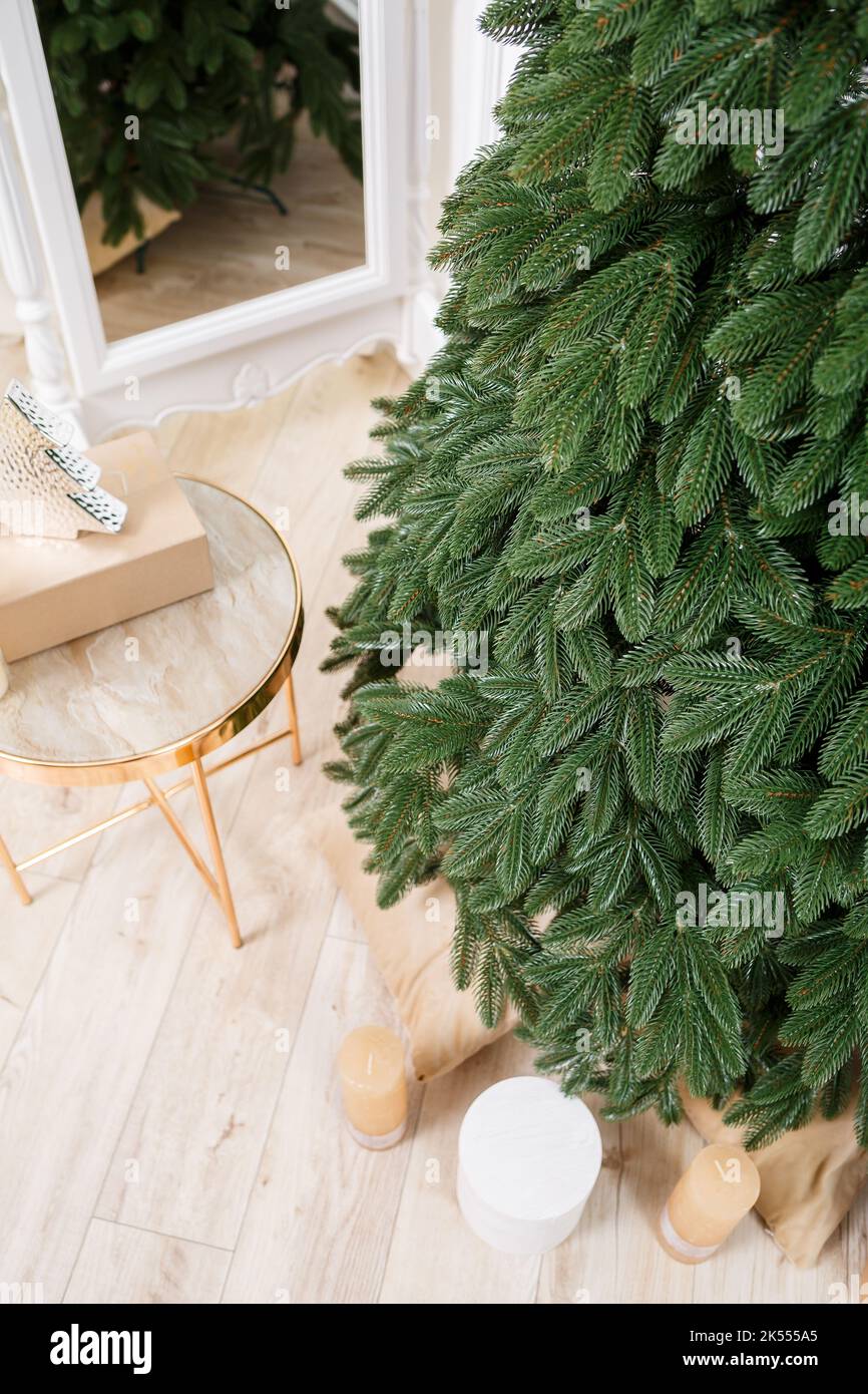 Closeup Christmas tree without toys. Good New Year spirit. Green