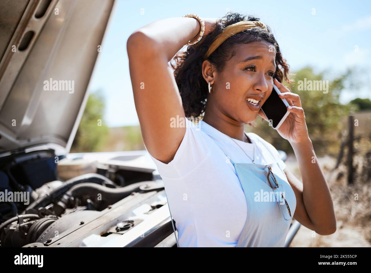 Car, woman and phone call for help and roadside assistance while