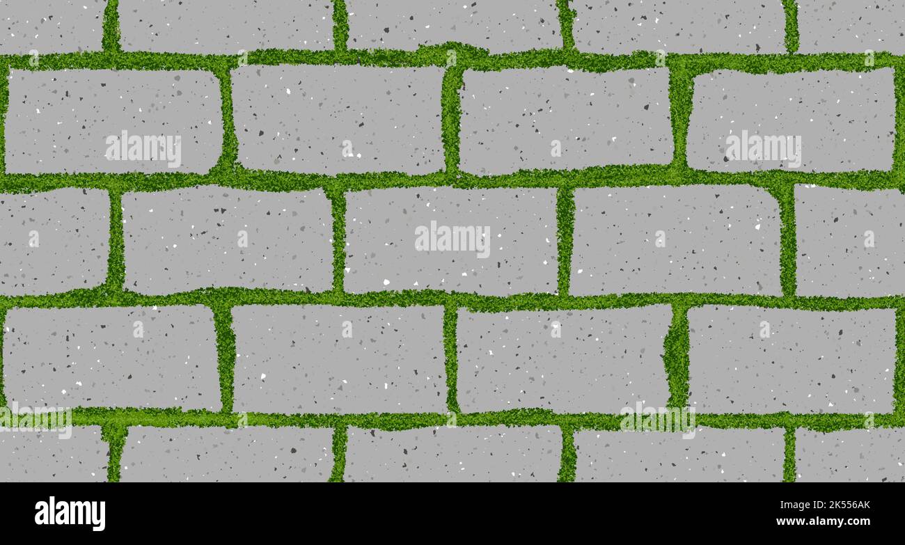Seamless pattern of old pavement with moss and interlocking textured bricks Stock Vector
