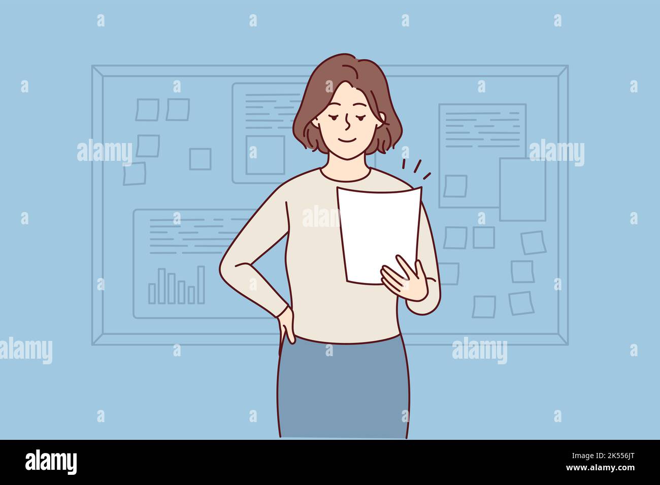 Smiling businesswoman holding paper work stand near board making presentation. Happy female boss present business project in office. Vector illustration.  Stock Vector