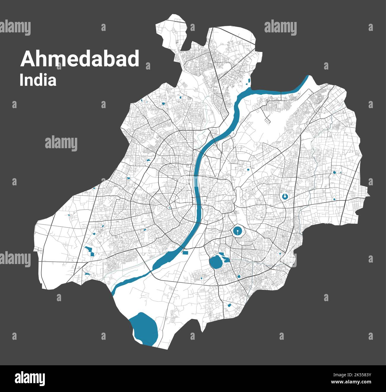 Ahmedabad map. Detailed map of Ahmedabad city administrative area. Cityscape panorama. Royalty free vector illustration. Road map with highways, river Stock Vector