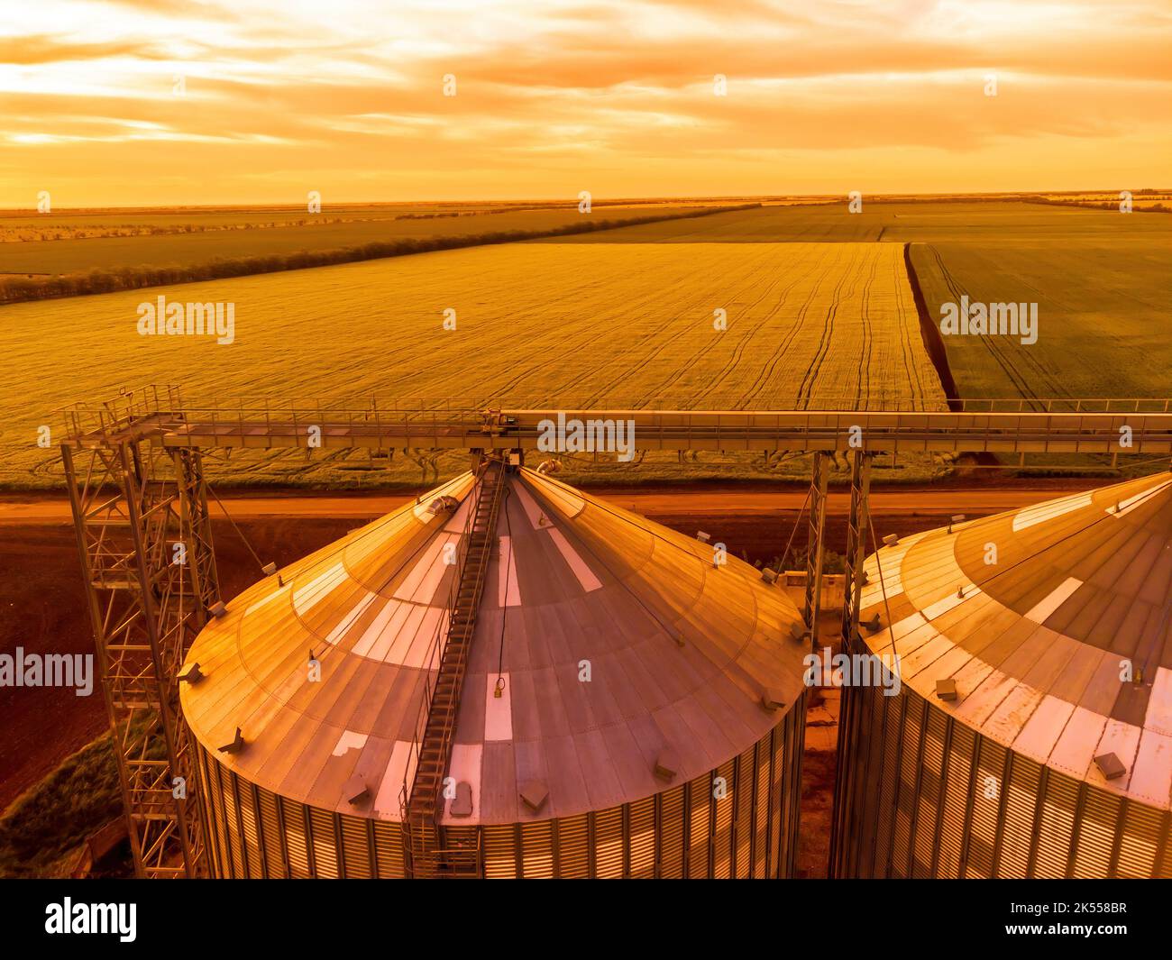 Grain elevator. Metal grain elevator in agricultural zone. Agriculture