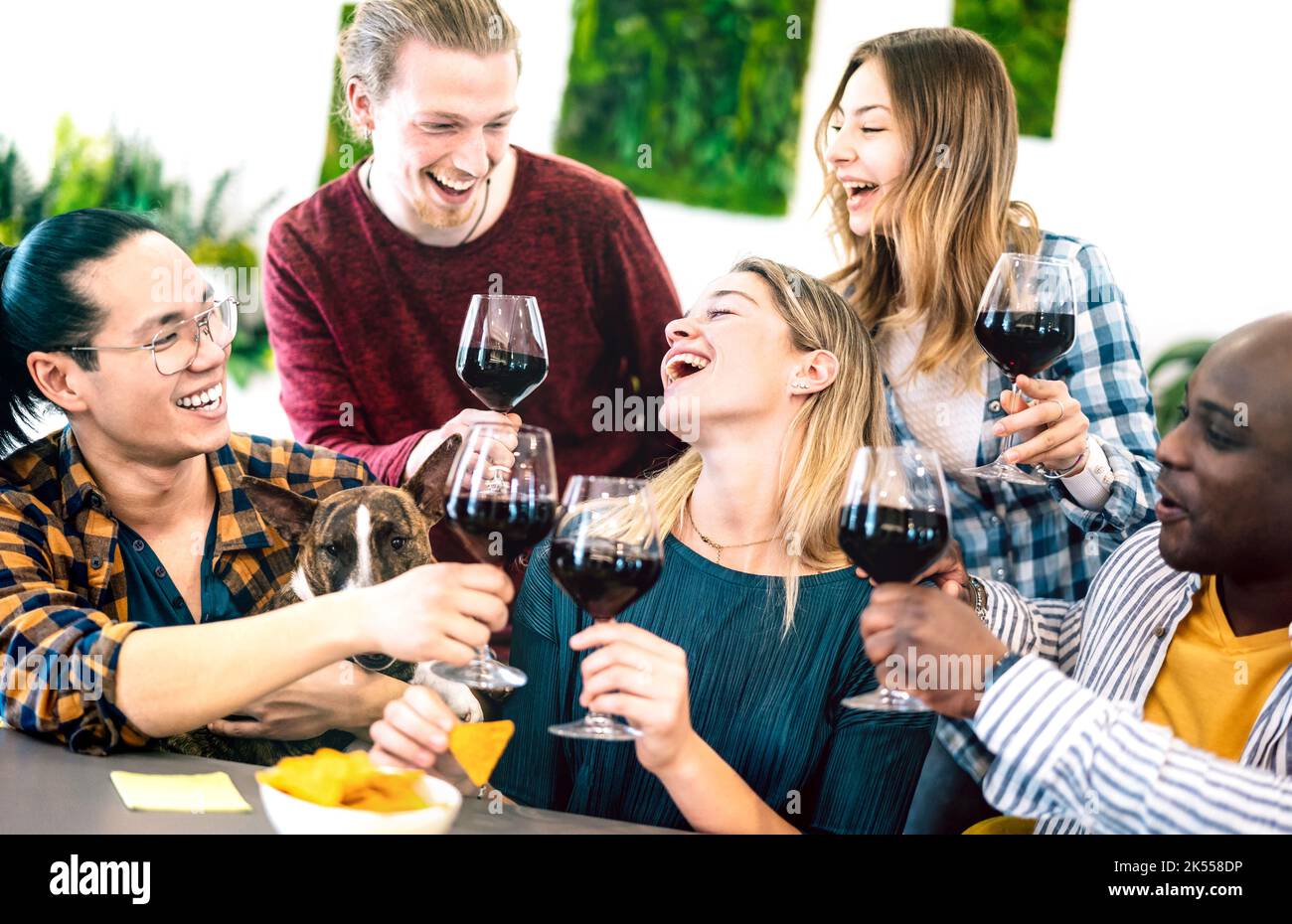 Young people toasting red wine on dinner party mood - Multiracial friends having fun together at restaurant winery bar - Happy hour life style concept Stock Photo