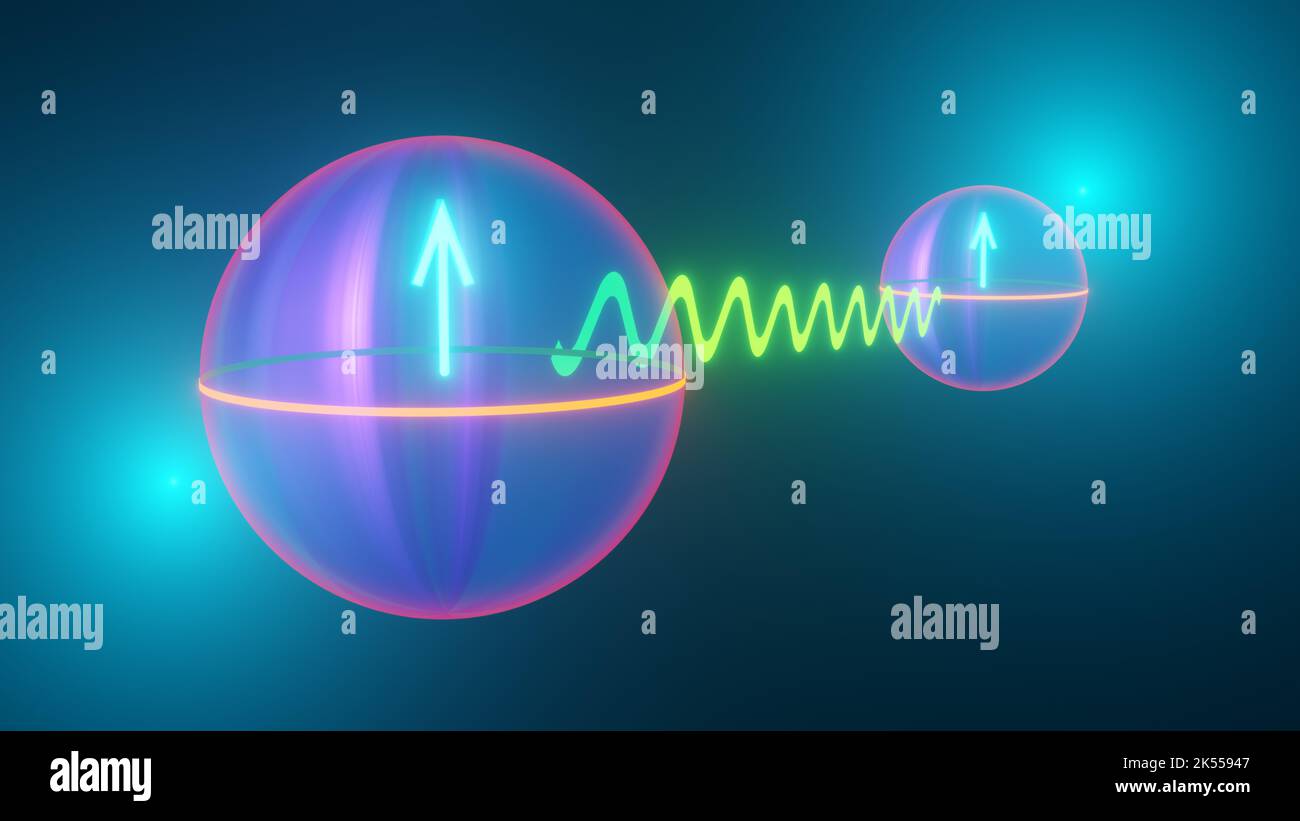 Quantum computing - spooky action on distance - entanglement, Bell state, measured, qubit states represented by Bloch spheres, 3D rendering Stock Photo