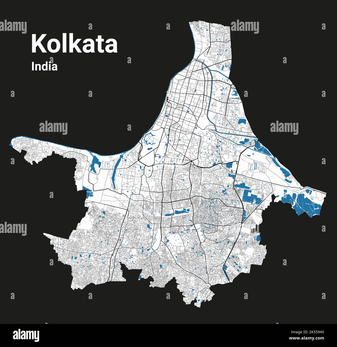 Kolkata map. Detailed map of Kolkata city administrative area. Cityscape panorama. Royalty free vector illustration. Road map with highways, rivers. Stock Vector