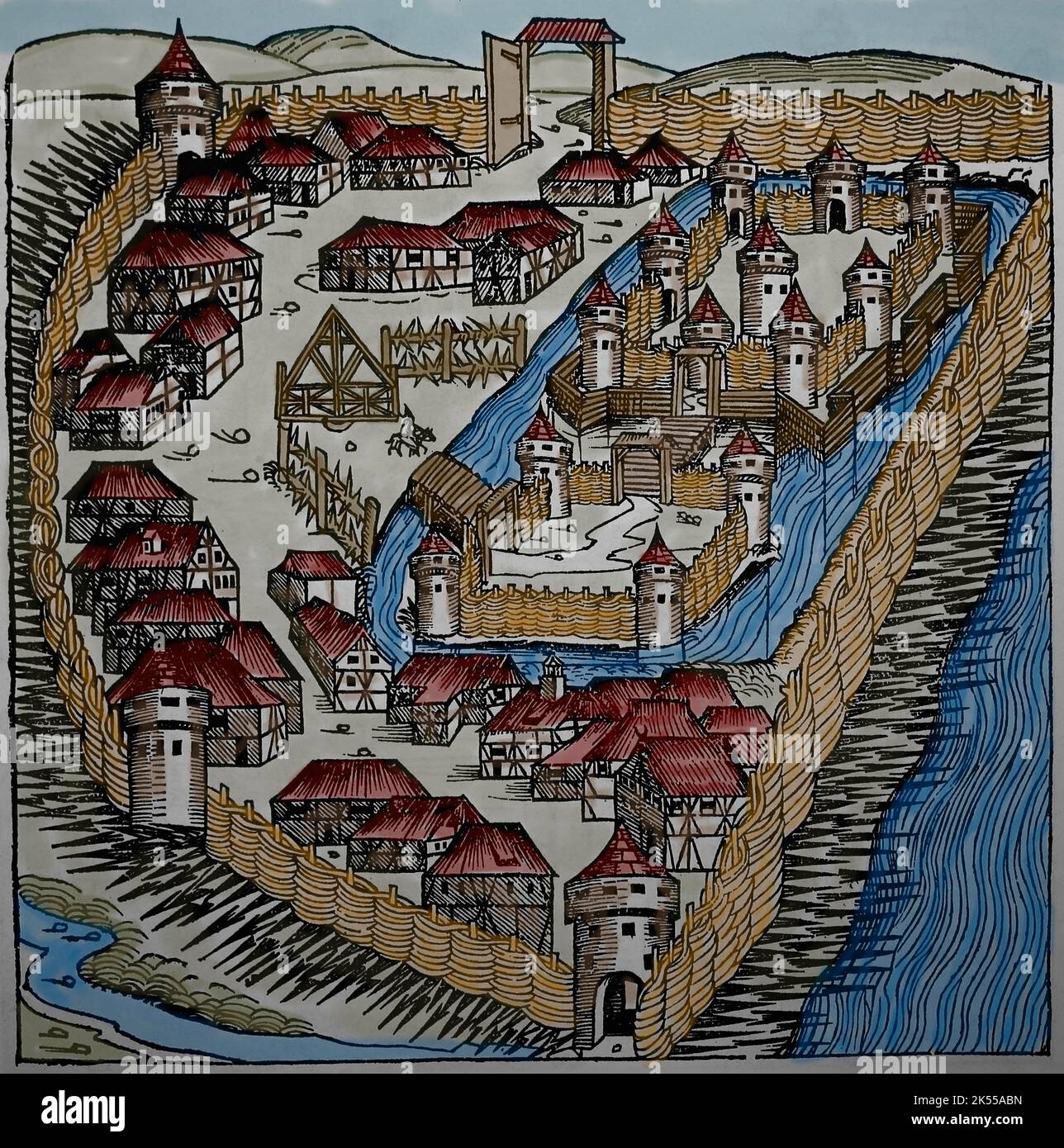 Sabatz (old Zaslon). The Turkish fortress. Engraving by The Nuremberg Chronicle, 15th century. Stock Photo