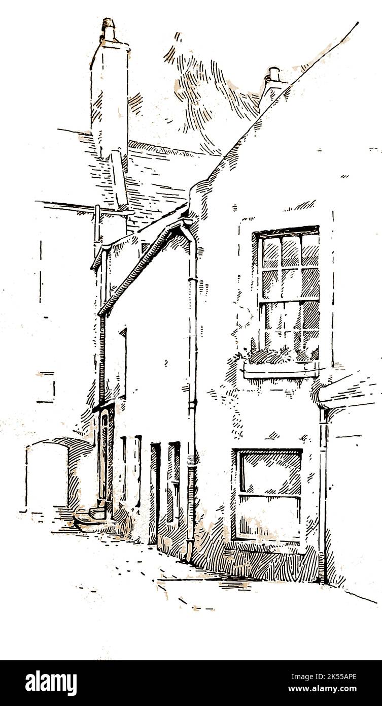 A sketch of Marjory Fleming's birthplace  which was accessed through an arched yard  next to a stationer's  bookshop.  Marjorie was a child literary genius Marjory or Marjorie, Fleming  (1803-1811) - family nickname Maidie or 'Pet Marjorie' / 'Pet Marjory'. Stock Photo