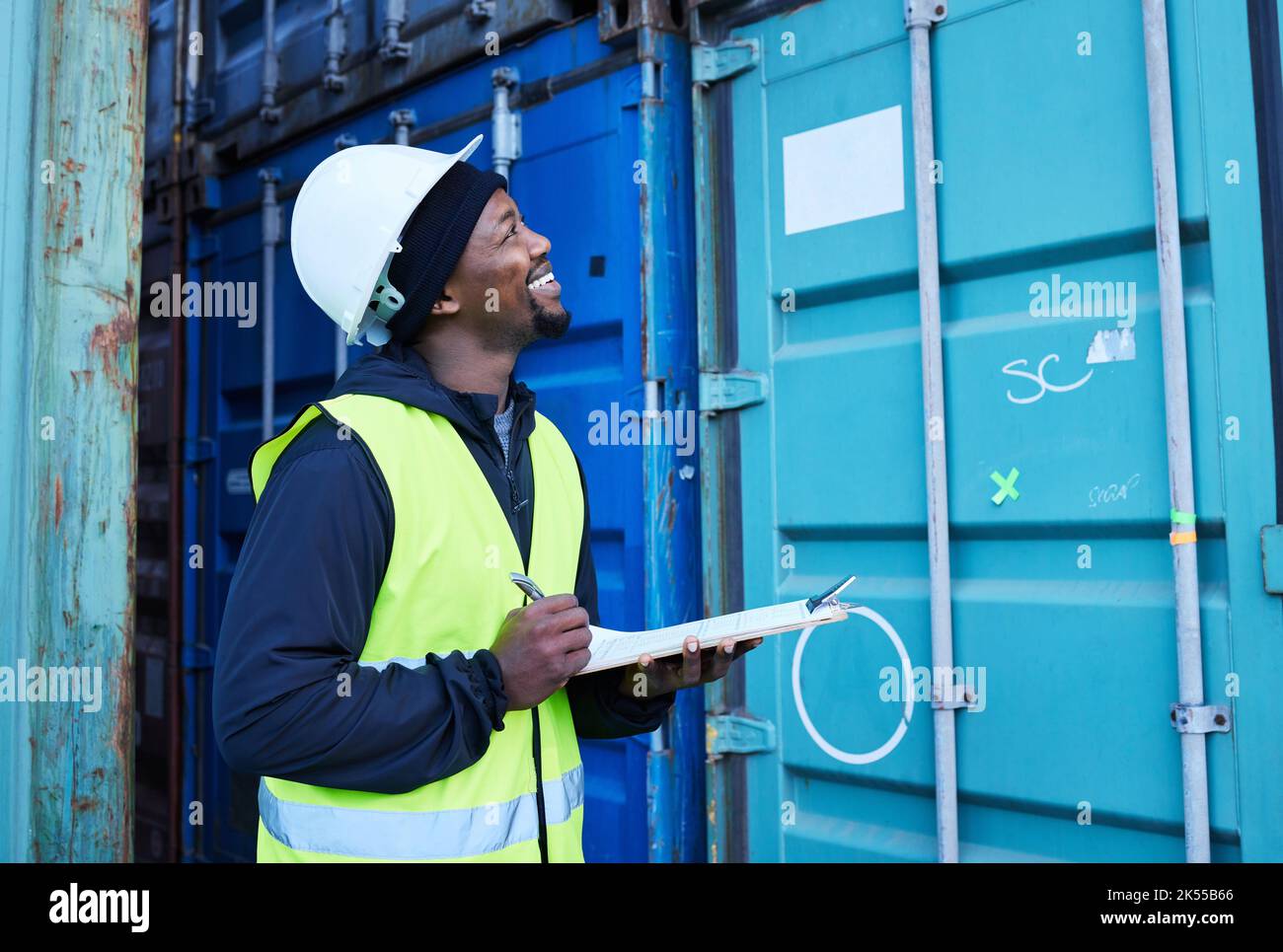 Warehouse, shipping and cargo checklist with happy manager smiling and