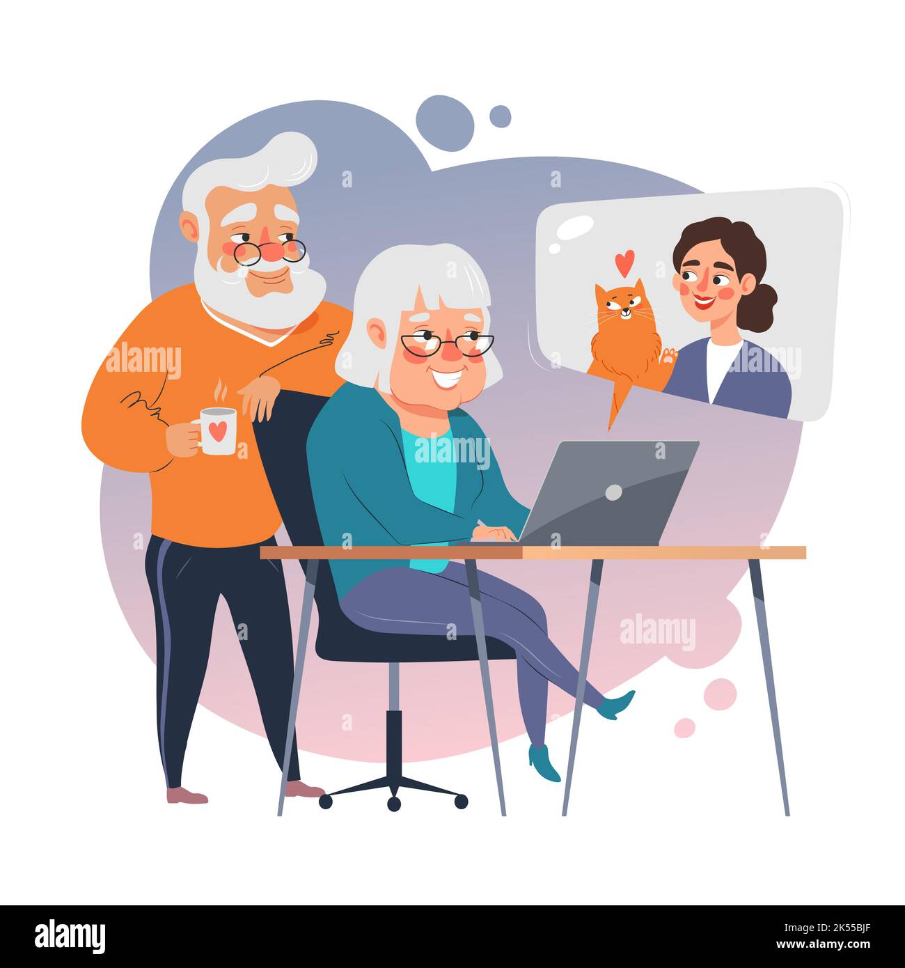 Elderly couple use laptop to communicate with family. Old people use computer technology, vector illustration. Stock Vector