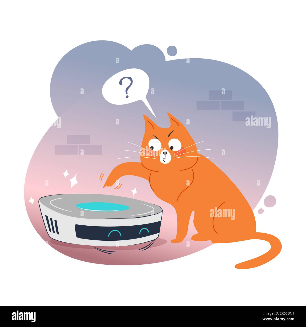 Ginger cat explores the new robot vacuum cleaner, vector illustration