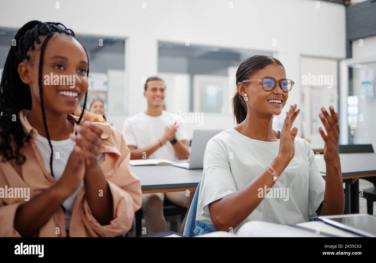 Education, presentation and students applause in classroom for