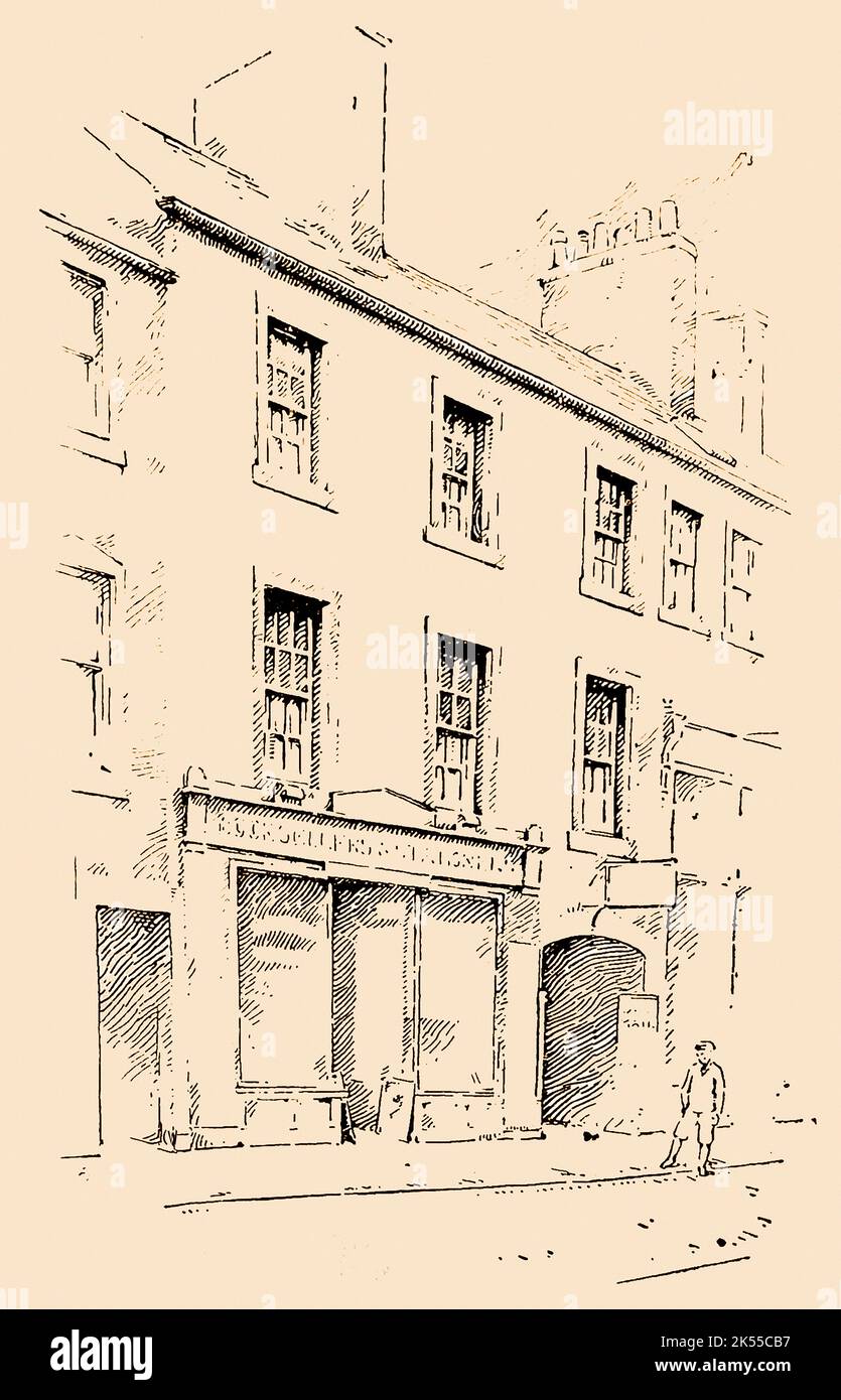 A sketch of Marjory Fleming's birthplace  which was accessed through the arched yard to the right of the stationer's  bookshop.  Marjorie was a child literary genius Marjory or Marjorie, Fleming  (1803-1811) - family nickname Maidie or 'Pet Marjorie' / 'Pet Marjory'. Stock Photo