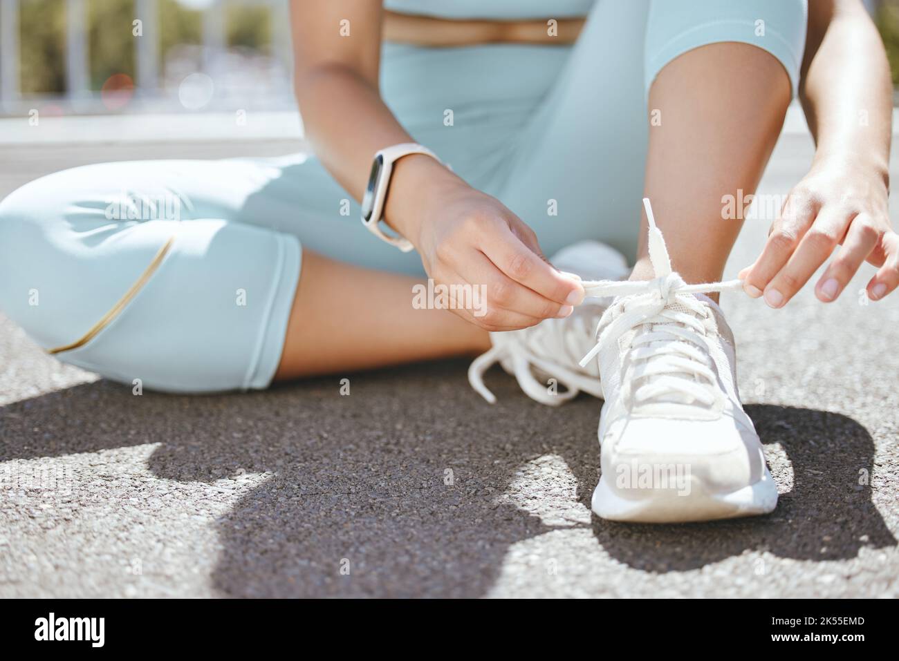 Shoes, feet and woman on fitness run in the city of Australia for