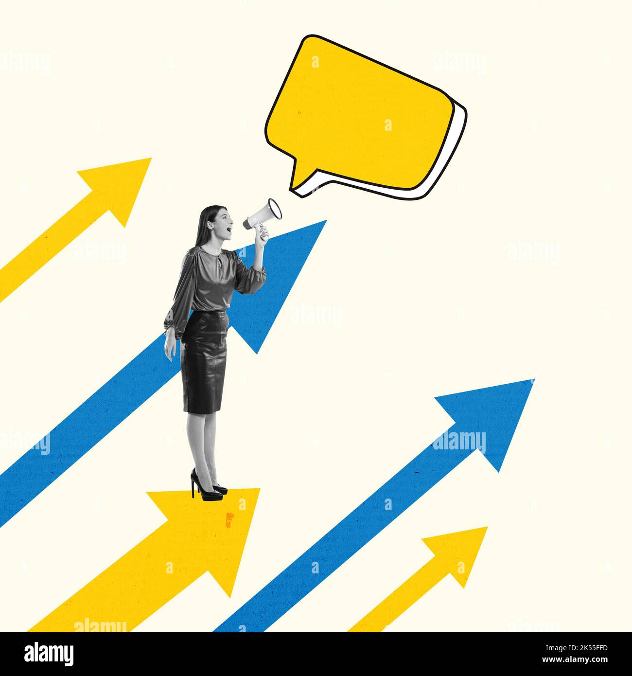 Contemporary art collage. Woman with megaphone shouting and standing on arrow as a symbol of growth. Concept of business, motivation, career, goal Stock Photo