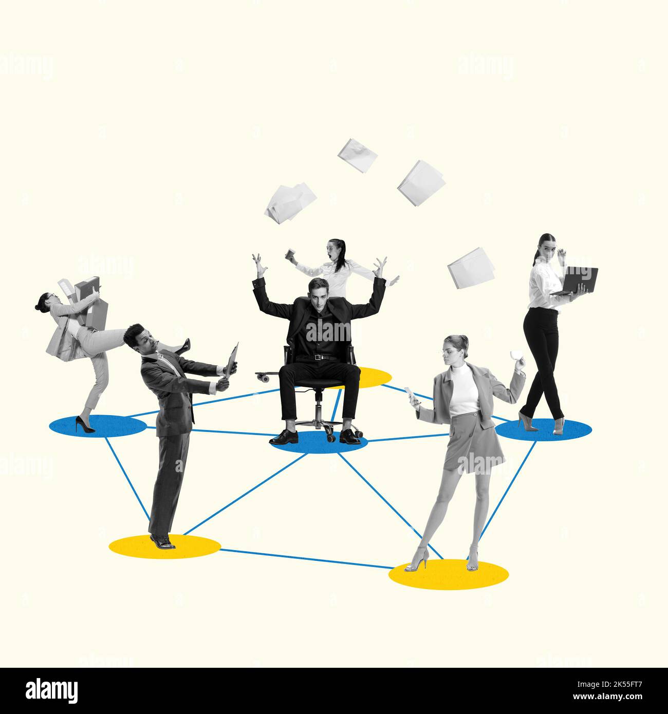 Business process. Contemporary art collage made of shots of young men and women, managers working hardly isolated over white background, Concept of Stock Photo