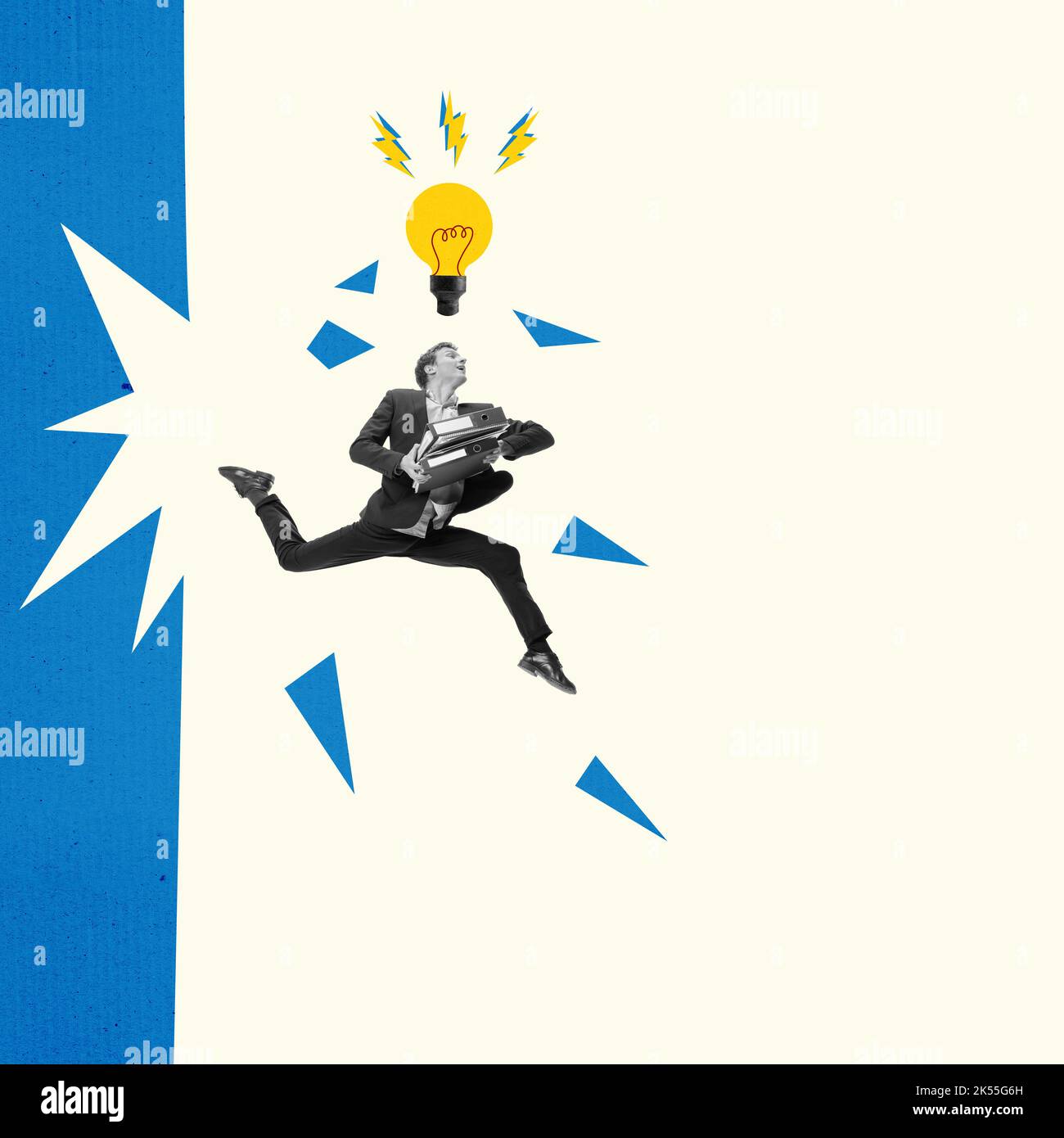 Man running with light bulb. Idea, innovation, creativity, solution concept. Businessman having a good idea for a business. Contemporary creative art Stock Photo