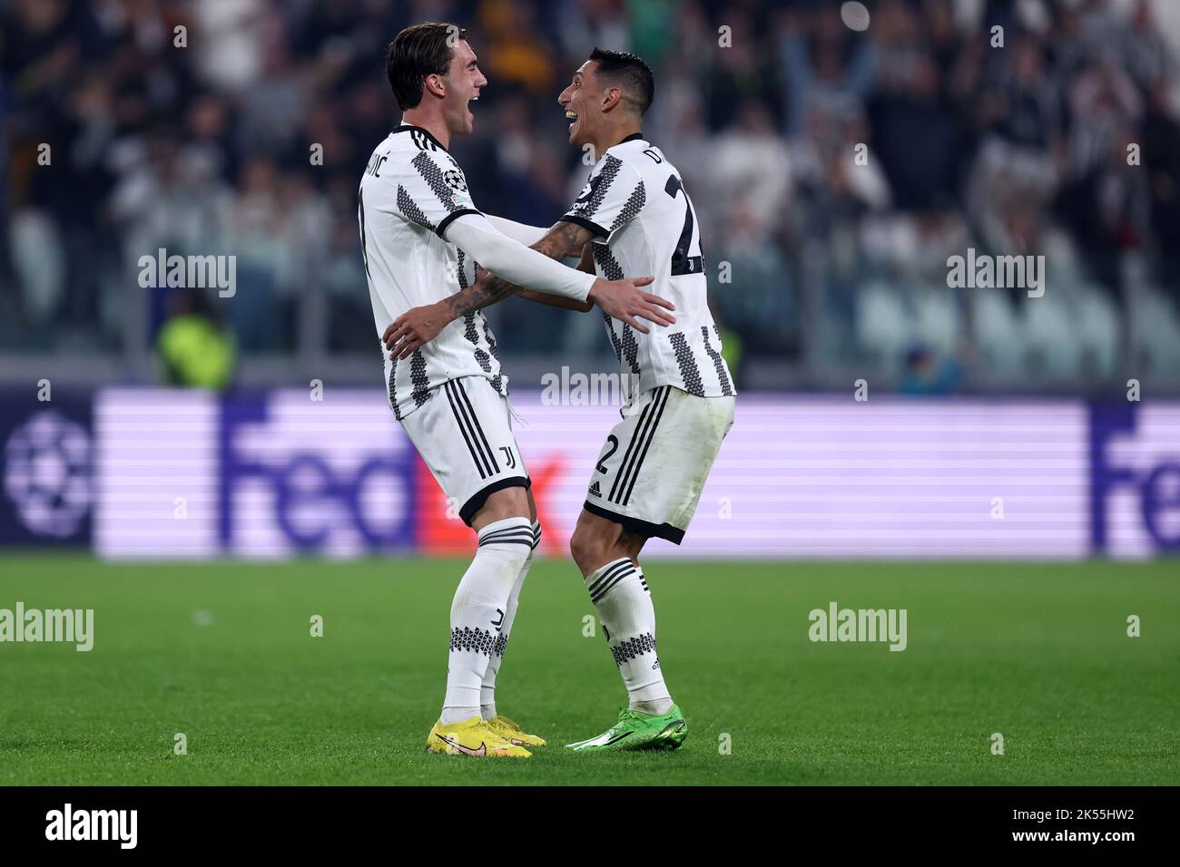 Turin, Italy. 05/10/2022, Dusan Vlahovic of Juventus Fc  (L) celebrates after scoring a goal with his team mate Angel Di Maria (R) during the Uefa Champions League Group H football match between Juventus and Maccabi Haifa FC at Allianz Stadium on October 5, 2022 in Turin, Italy. Stock Photo