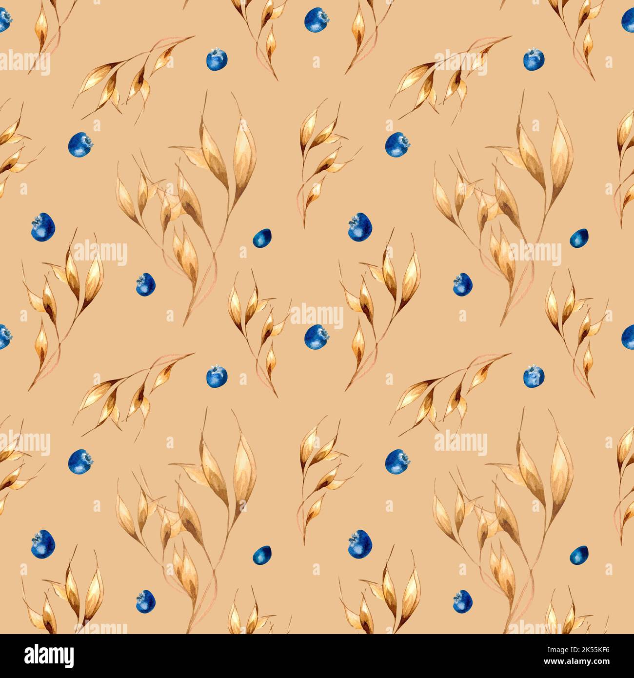Spikelet of rye, blueberry watercolor autumn seamless pattern on beige. Berry, ear of wheat hand drawn. Design for wrapping, textile, background, fabr Stock Photo