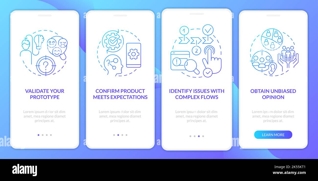 Usability testing profits blue gradient onboarding mobile app screen Stock Vector