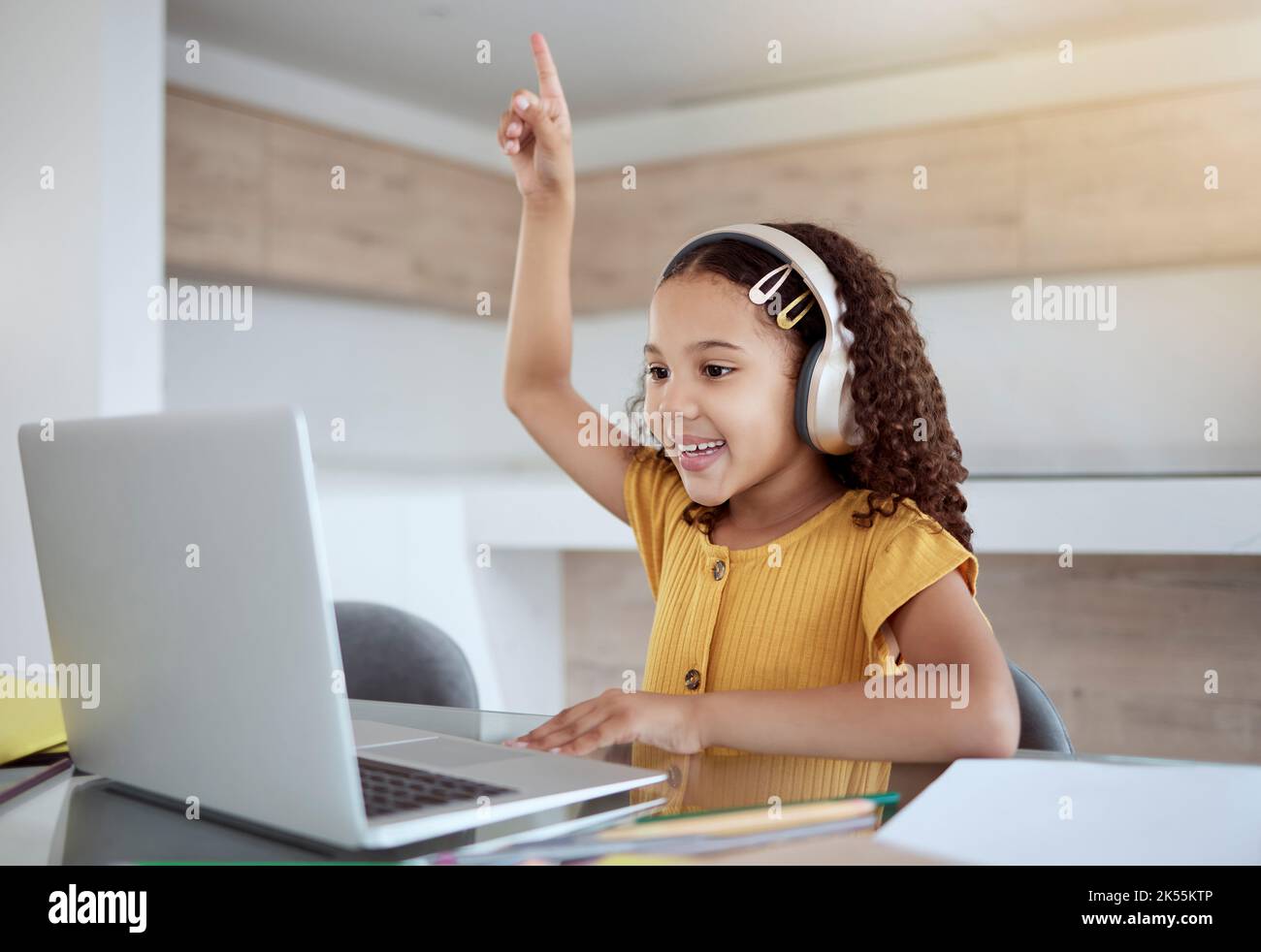 Child, laptop and smile with hand to answer question in class