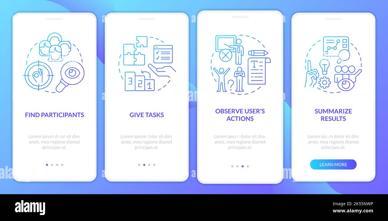 Usability testing session plan blue gradient onboarding mobile app screen Stock Vector