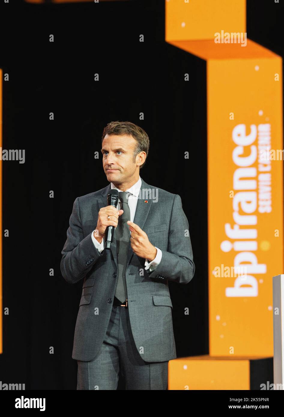 President Emmanuel Macron speaks during the annual tech conference