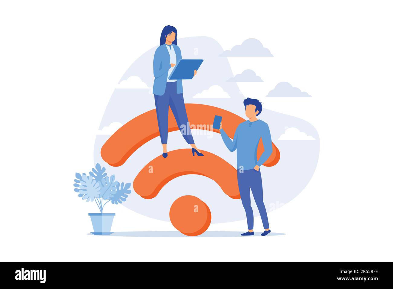 Public wi fi hotspot. Wireless technology, free signal zone, web connection. People surfing internet using portable gadgets, smartphone and laptop fla Stock Vector