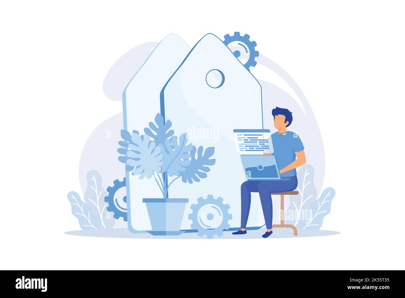 Freelance programming. Programmer cartoon character working with laptop, sitting in armchair. Freelancing, work from home, self-employed. Stock Vector