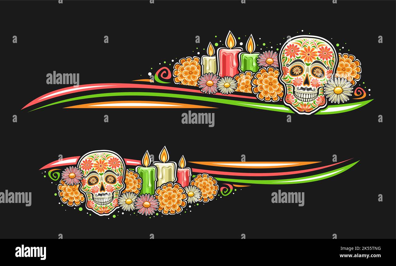 Vector border for Day of the Dead with blank copyspace for text, greeting card with illustration of decorative art spooky skull, colorful burning cand Stock Vector