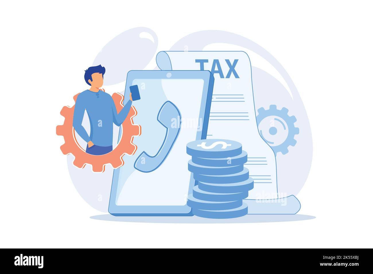 Pay call. Communicating through smartphone. Telephone contact, help line, client support. Solving problems with phone consultant. Talking on cellphone Stock Vector