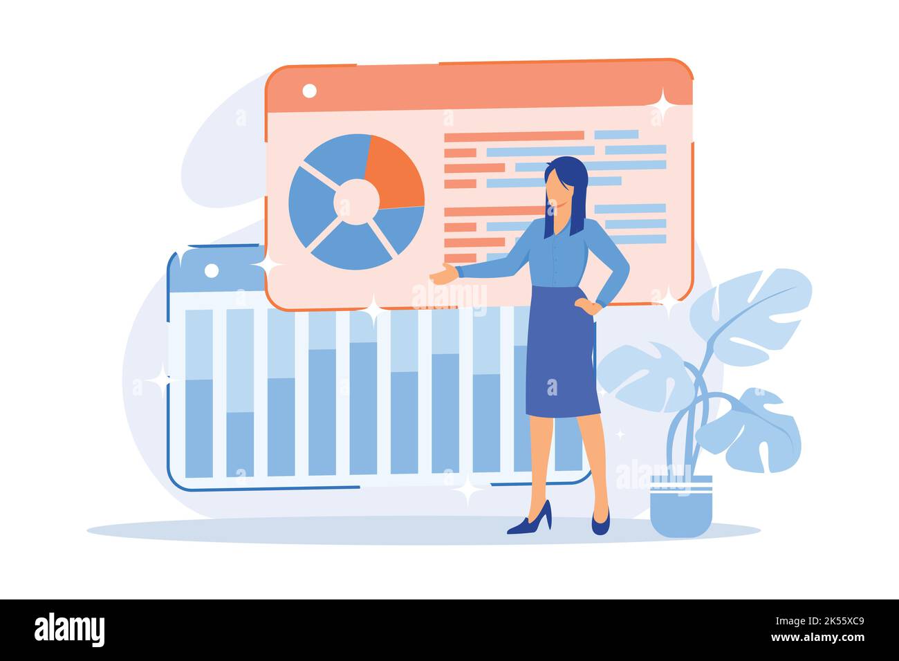 Online survey results analysis. Pie charts, infographics, analyzing process. Business and