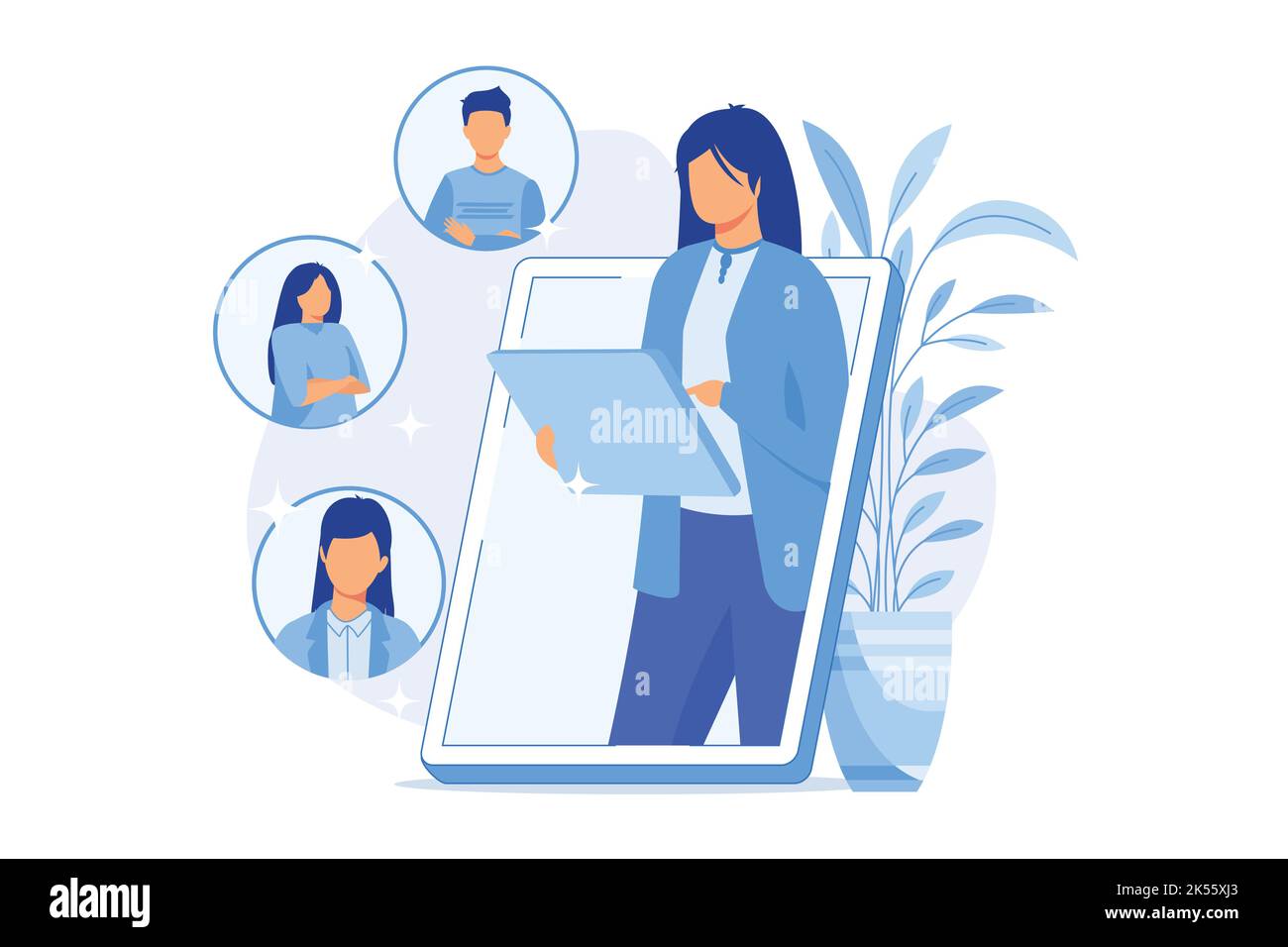 Social network. Online dating service, chatting, internet communication. Girl cartoon character looking at profiles with photo on social media. Vector Stock Vector