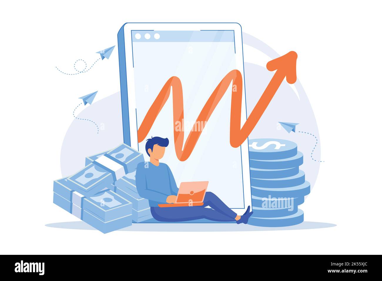 Internet business income. Earning money online. Cartoon character working with laptop. Programmer freelancer. Earning, investment, financial success. Stock Vector