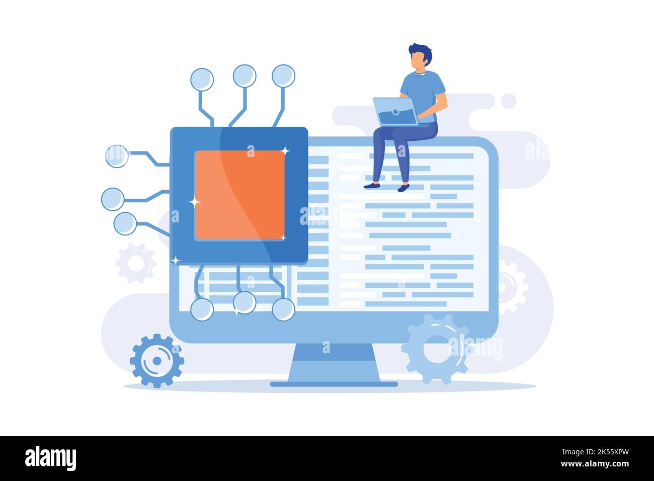 Online database, cloud disk. Data storage, information base, computer application. PC user, operator cartoon character. Information on monitor screen. Stock Vector