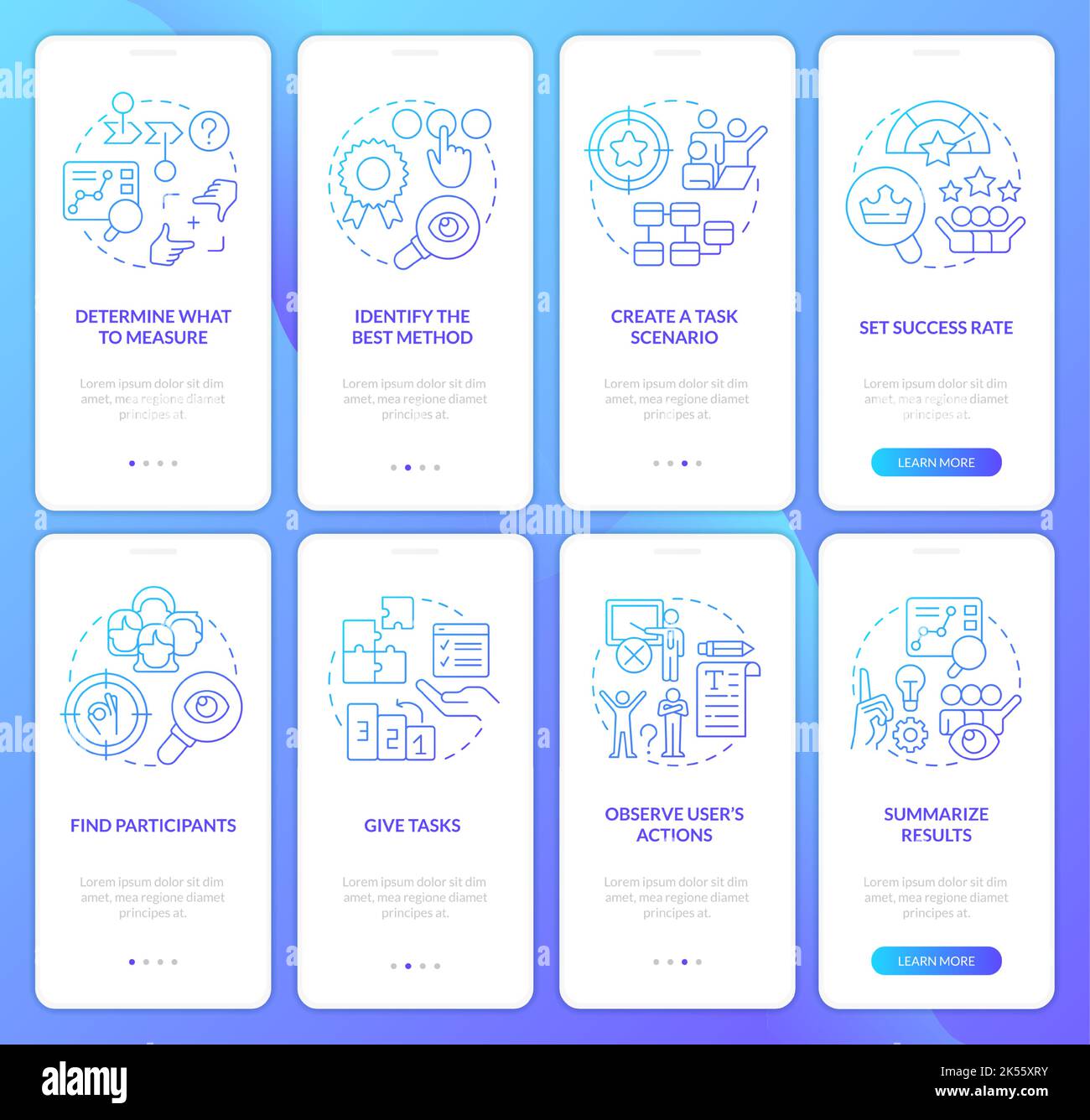 Usability testing goals blue gradient onboarding mobile app screen set Stock Vector