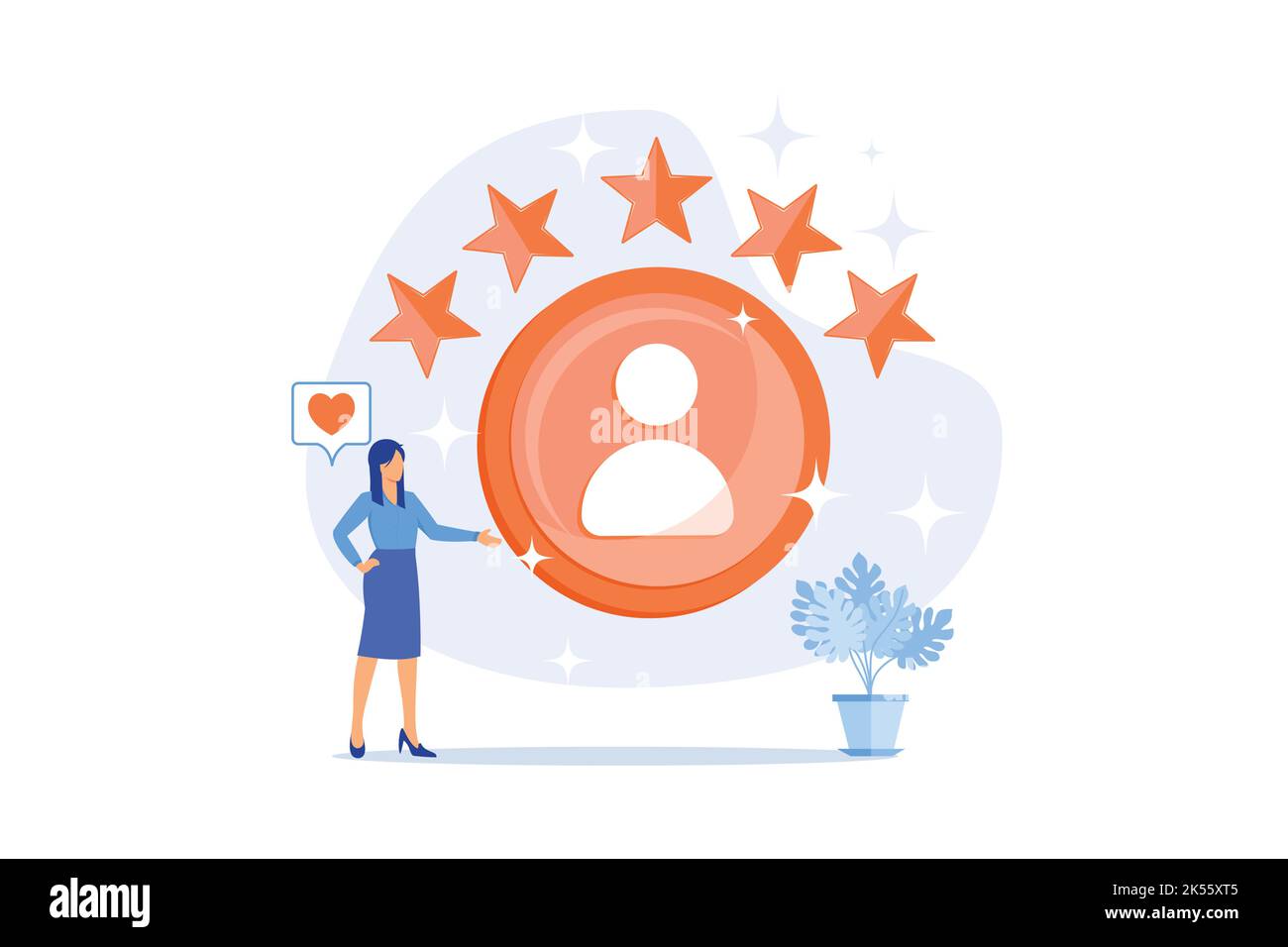 Personal account. Positive feedback, user review, loyalty stars. Dating site, website ranking. Woman evaluating web page cartoon character. Vector ill Stock Vector