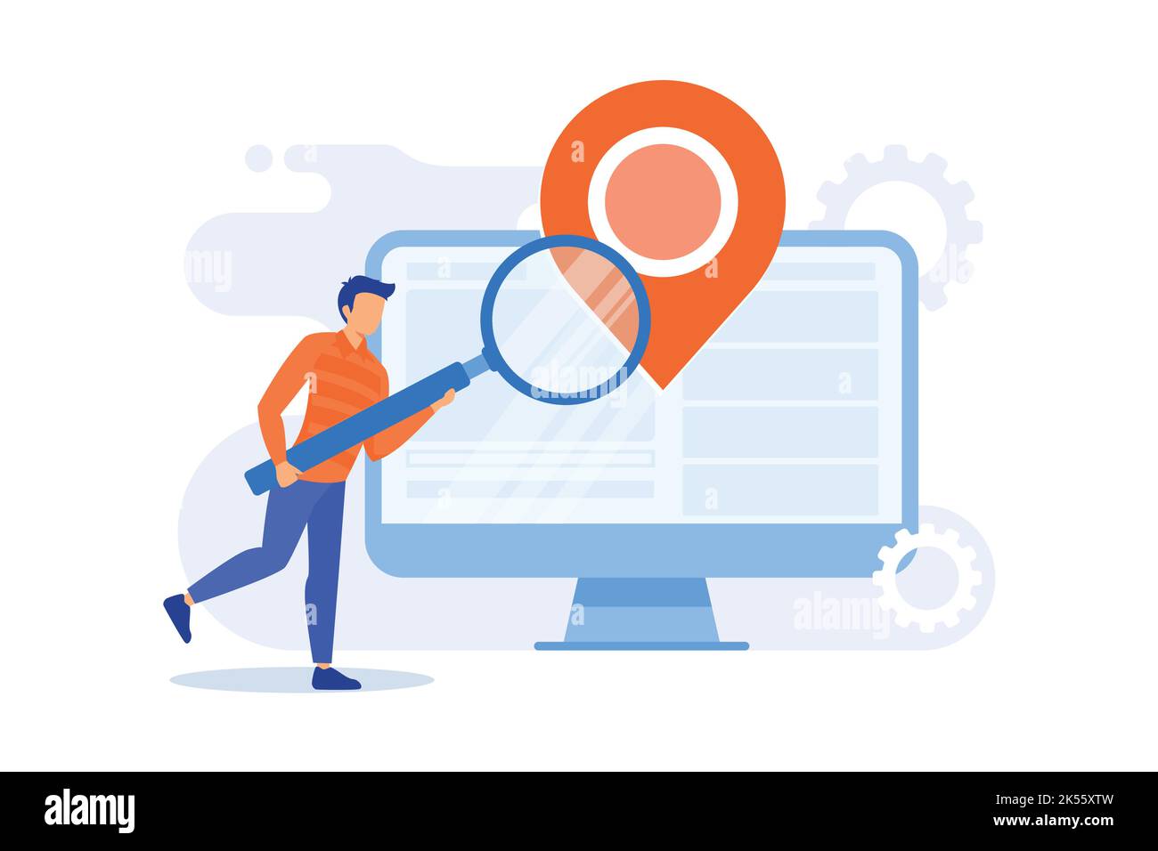 Location based advertisement. Geolocation software, online gps app, navigation system. Geographic restriction. Man searching address with magnifier. V Stock Vector