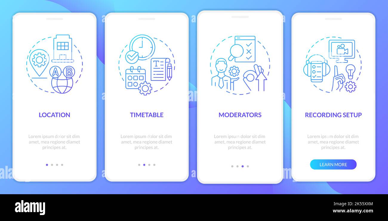 Usability testing session logistics blue gradient onboarding mobile app screen Stock Vector