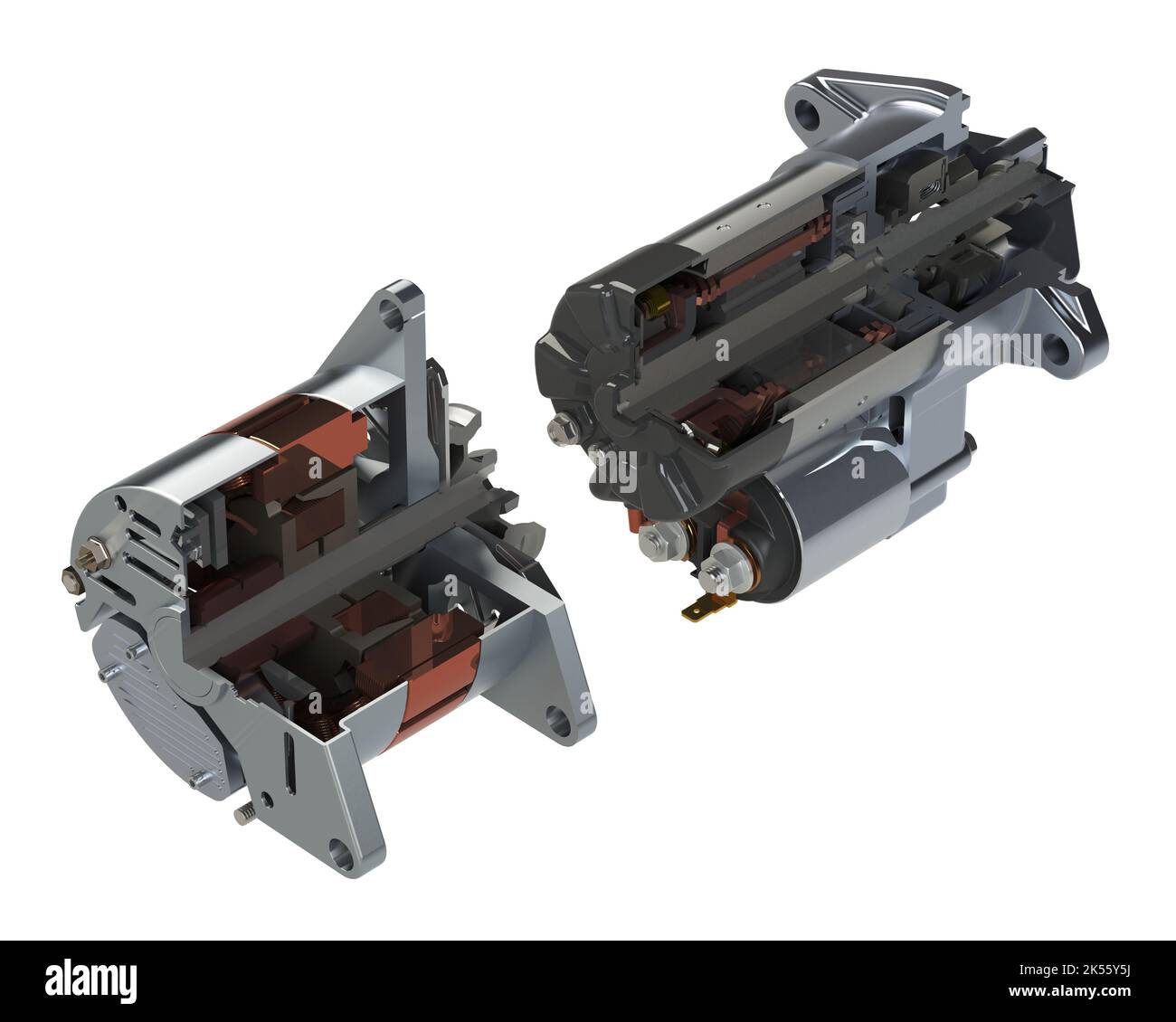 Car starter and alternator in section view 3D rendering isolated on
