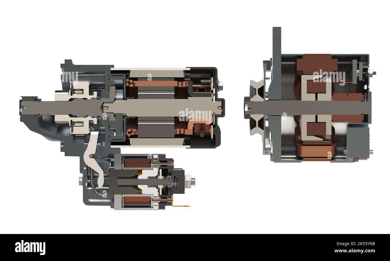 Car starter and alternator in section view 3D rendering isolated on