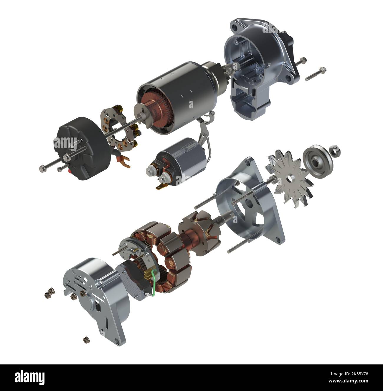 Car starter and alternator in exploded view 3D illustration isolated on ...