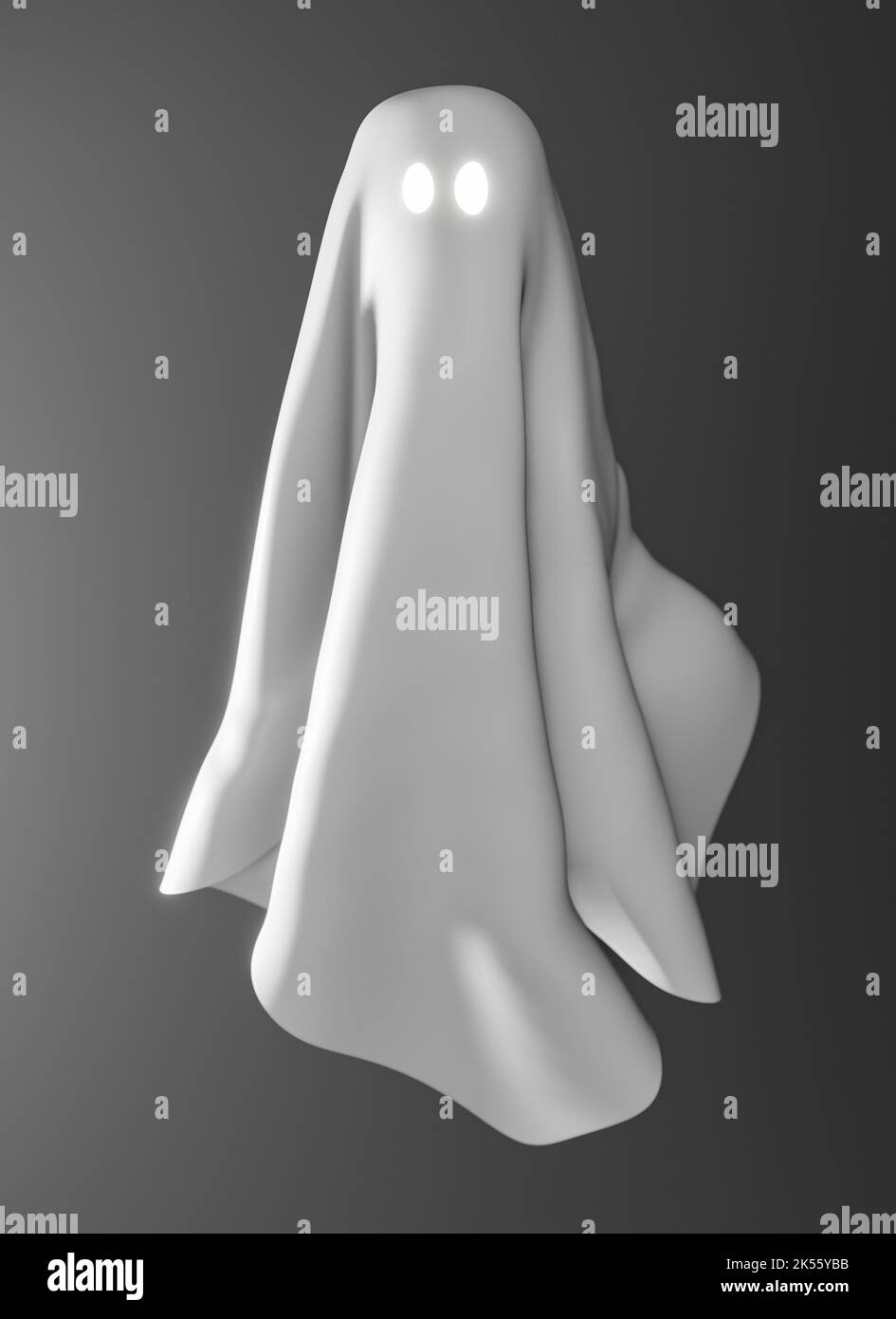 Spooky ghost as flowing white blanket, 3d illustration. Halloween and